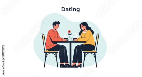 Young man and woman sitting at a cafe table and having a romantic coffee date with the word dating written above them.