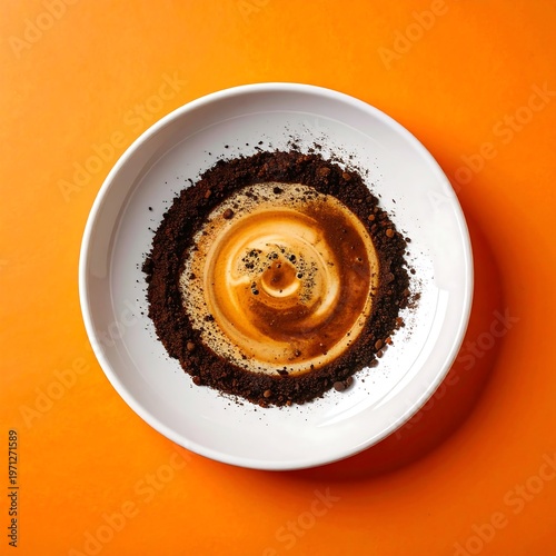 A modern dessert arrangement on a white plate against an orange backdrop, centered by a swirl of creamy and dark cocoa