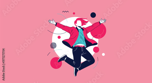 Energetic person jumping for joy against a vibrant pink background with abstract geometric shapes celebrating success and happiness.