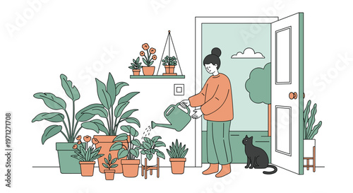 Dedicated plant lover watering her extensive indoor garden of various potted green plants near an open door leading to a sunny outdoor area.