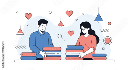 Happy couple standing at a table and folding laundry together with floating red hearts symbolizing cooperation and love in household chores.