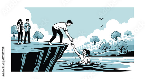 Brave man reaching out his hand from a cliff to help a woman struggling in the water during a dramatic rescue mission in a hilly landscape.