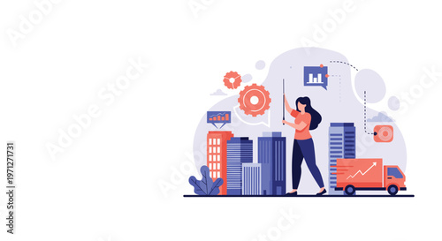 Professional woman standing among city skyscrapers while managing business logistics with data charts and a moving delivery truck.