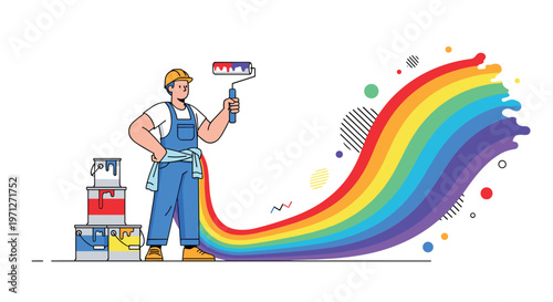 Cheerful painter in blue overalls and a yellow hard hat holding a roller that leaves a vibrant rainbow trail across a white surface.