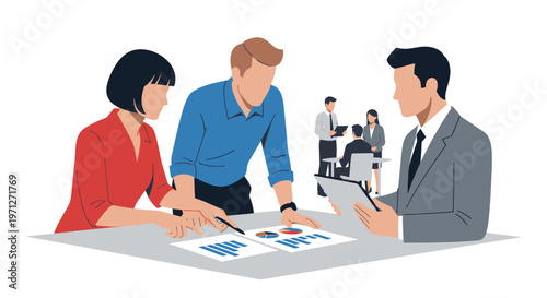 Business people discussing documents together.