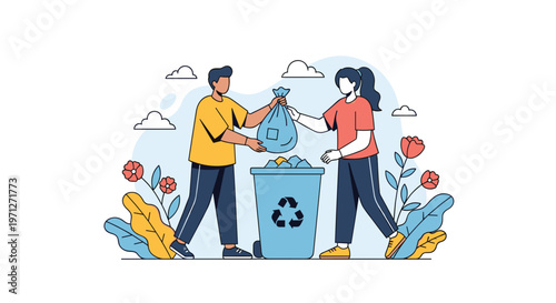 Two volunteers working together to place recycling bags into a blue bin decorated with a recycle symbol in a park with flowers.
