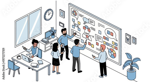 Business people discussing on whiteboard.