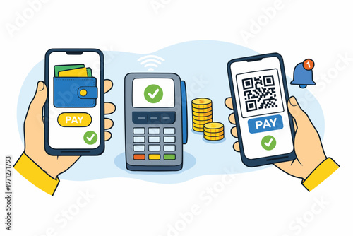 Modern digital payment methods illustrated with mobile phones and card reader
