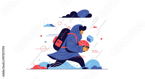 Determined person running through a rainstorm while carrying a backpack and a colorful pie chart symbolizing busy work life or deadlines.