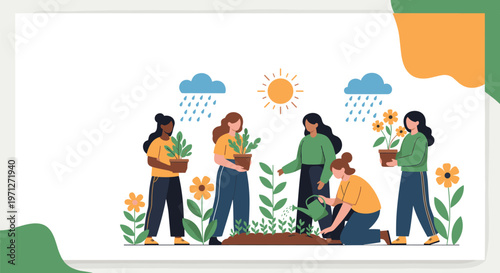 Multiethnic group of women working together in a garden planting and watering flowers under a bright sun and rainy clouds.