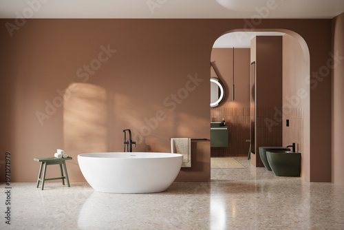 Εκτύπωση καμβά modern bathroom interior with freestanding bathtub, arched opening and warm eart