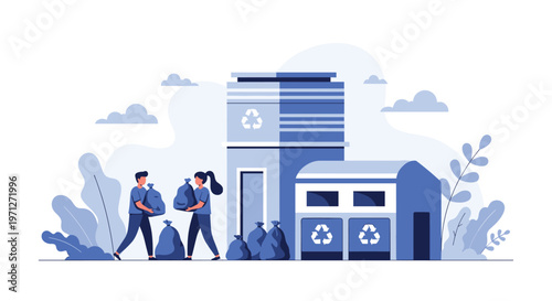 Man and woman carrying large bags of recyclables towards a collection station to participate in an eco friendly community program.