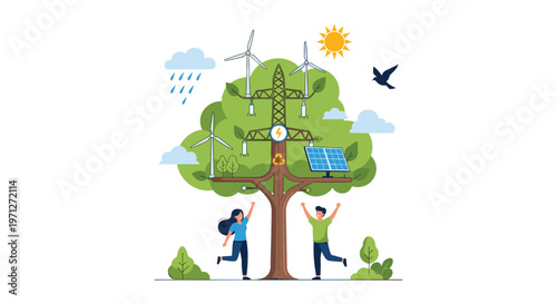 Two happy people cheering under a large green tree that integrates wind turbines and solar panels for renewable energy production.
