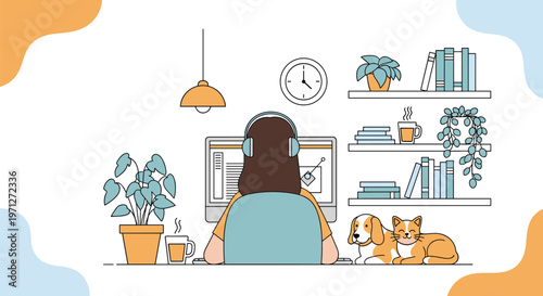 Person wearing headphones working on a computer at a home office desk with pet dog and cat and various shelves of books and plants.