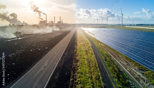 Split road contrasting pollution from factory smokestacks with clean solar panels and wind turbines under blue skies with clouds