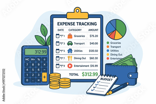 Illustrated expense tracking and budgeting management system with visual elements