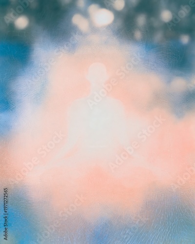 Abstract representation of a meditating entity with an aura, surrounded by a soft mandala pattern, featuring a blend of pastel colors and a serene background
