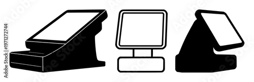 Point of sale terminal set with solid black icon on white background featuring icon, POS, terminal with black graphic and white background