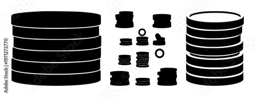 Digital coins set with stacked solid black icons on white background featuring cryptocurrency, coin illustration, digital currency with vector and minimalism