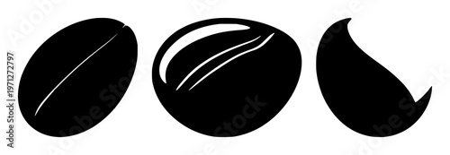 Fair trade coffee bean icon set with solid black silhouette on white background featuring icon, coffee bean, fair trade symbol with minimal line art and flat color