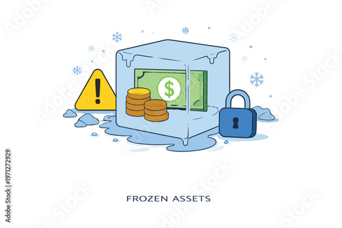 Frozen assets depicted with a locked ice block and warning sign
