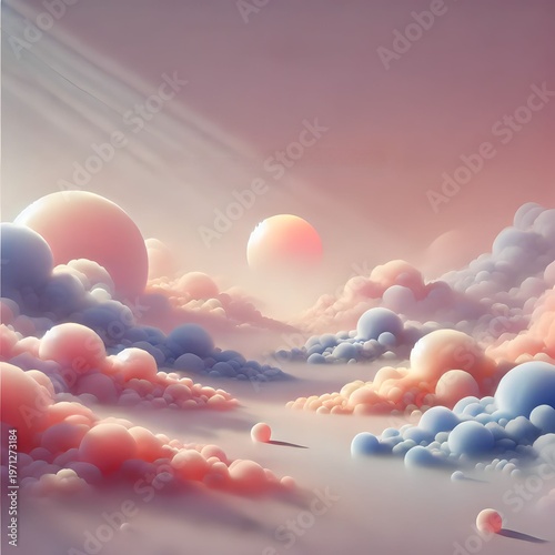 Surreal Cloud Landscape with Floating Spheres and Soft Gradient Sky Background