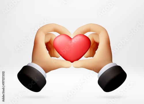 3D Hands forming heart shape around red heart icon. Illustration of human hand gesture symbolizing romance, kindness, love and care. Concept for charity and donation. Vector illustration