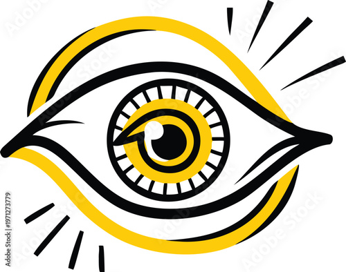 stylized eye with bold black and yellow lines radiating dynamic expressive vision awareness perception design