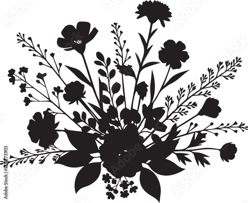 Beautiful black silhouette of a large, intricate floral bouquet or wreath on a transparent checkered background.