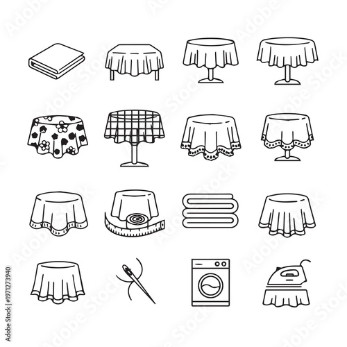 Tablecloth Icons: Folded Draped Patterned and Washing Care Symbols in Line Art Style