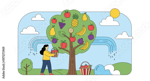 Smiling woman picking fresh apples and grapes from a magical fruit tree that grows many different types of fruit under a rainbow.