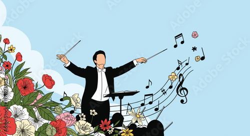 Musical conductor directing an orchestra with baton raised amidst swirling musical notes and colorful flowers.