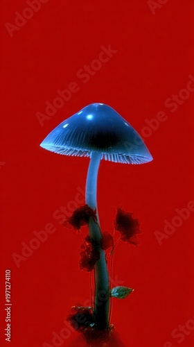 Glowing mushroom with red background.