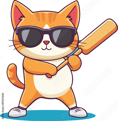 Cute cartoon kitten character holding a baseball bat and ball in a funny vector illustration of a happy smiling domestic pet animal