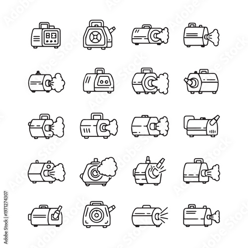 Smoke Machine Icons Set: Various Designs for Event and Stage Effects Line Art Style