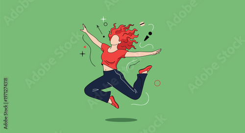 Red-haired woman jumping enthusiastically against a green background with abstract shapes and line graphics.