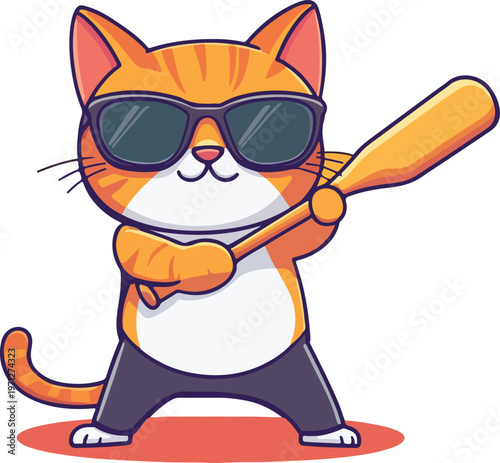 A cute cartoon kitty with a happy smile holds a baseball bat in this funny vector illustration of a domestic feline pet isolated on white