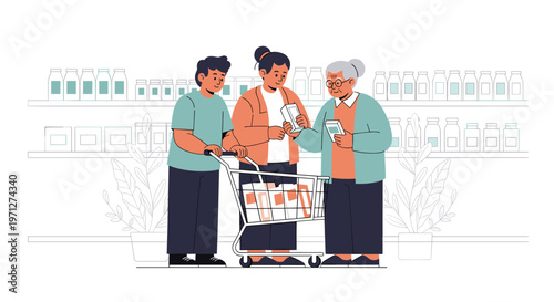 Family group including a young man and women shopping for products together in a grocery store supermarket.