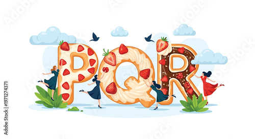 Tiny women standing on and decorating large donut-shaped letters P, Q, and R with cream and fresh strawberries.