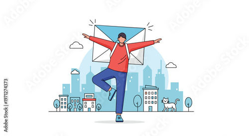Cheerful delivery courier balancing on one leg while carrying a giant envelope through a modern city landscape.