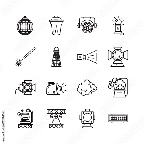 Stage Lighting Equipment Icons: Disco Ball Spotlight Strobe Fog Machine BubblesVector Art