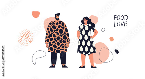 Man and woman in stylized outfits with circular and drop patterns standing next to the decorative text FOOD LOVE.