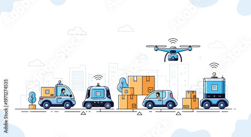 Futuristic delivery scenario featuring autonomous vans, drones, and robots transporting packages in a city.