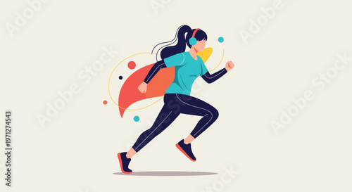 Energetic woman jogging and listening to music with headphones against a dynamic and colorful background.
