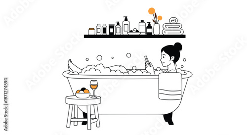 Woman relaxing in a bathtub full of white bubbles while checking her phone in a cozy and tranquil bathroom setting.