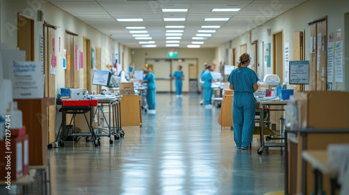 Busy Hospital Corridor with Healthcare Workers and Medical Equipment