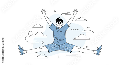 Young man in casual clothes jumping high in the air with arms and legs spread wide against a cloud background.
