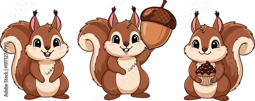 Cute Squirrel Cartoon Character Set with Acorn and Cupcake Illustrations for Childrens Books, Woodland Animal Stickers, and Autumn Nature Themed Digital Graphic DesignsCute Squirrel Cartoon Character 