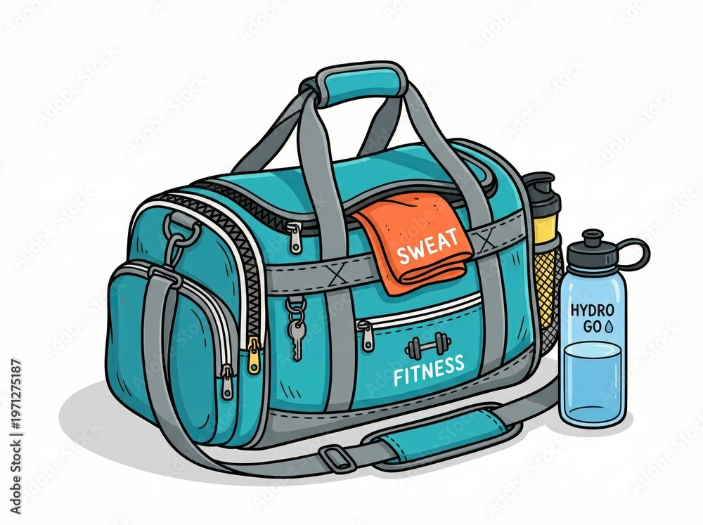 Fototapeta premium Sporty Duffle Bag with Fitness Accessories and Water Bottle for Active Lifestyle and Workouts