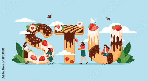 Diverse women working together to decorate large donut-shaped letters S, T, and U with toppings and fruits.
